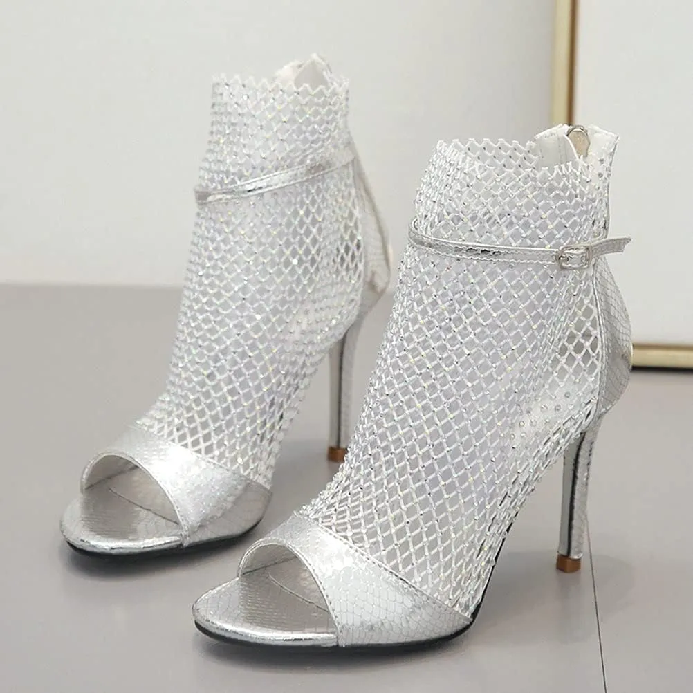 Meefit Women Mesh Open Toe Stiletto Booties Rhinestone Sandals Glitter High Heels Summer Boots