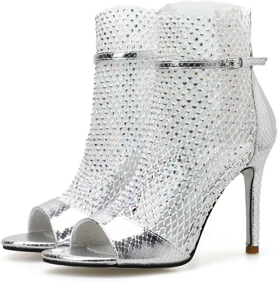 Meefit Women Mesh Open Toe Stiletto Booties Rhinestone Sandals Glitter High Heels Summer Boots