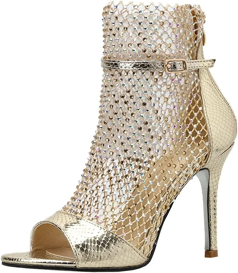 Meefit Women Mesh Open Toe Stiletto Booties Rhinestone Sandals Glitter High Heels Summer Boots