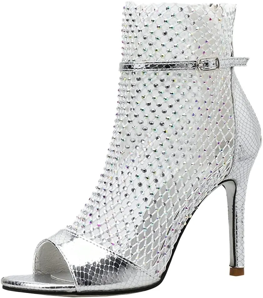 Meefit Women Mesh Open Toe Stiletto Booties Rhinestone Sandals Glitter High Heels Summer Boots