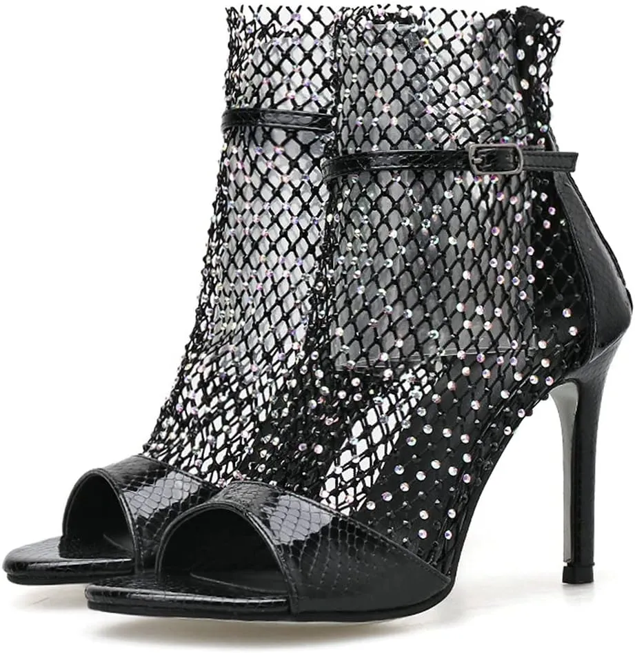 Meefit Women Mesh Open Toe Stiletto Booties Rhinestone Sandals Glitter High Heels Summer Boots