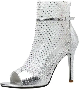 Meefit Women Mesh Open Toe Stiletto Booties Rhinestone Sandals Glitter High Heels Summer Boots