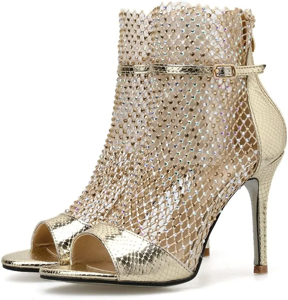 Meefit Women Mesh Open Toe Stiletto Booties Rhinestone Sandals Glitter High Heels Summer Boots