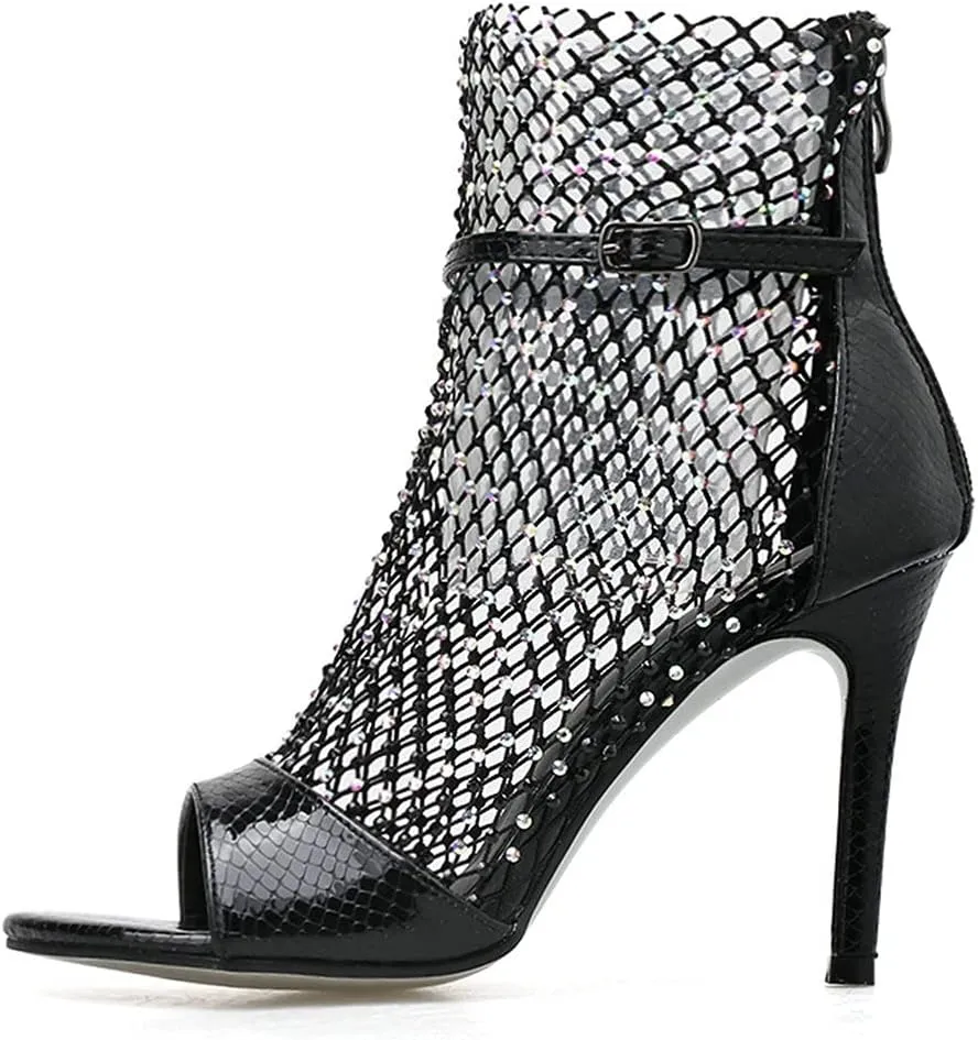 Meefit Women Mesh Open Toe Stiletto Booties Rhinestone Sandals Glitter High Heels Summer Boots