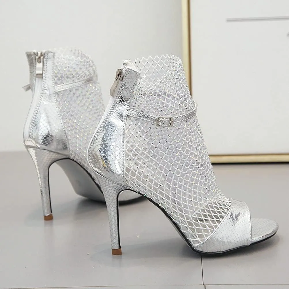 Meefit Women Mesh Open Toe Stiletto Booties Rhinestone Sandals Glitter High Heels Summer Boots