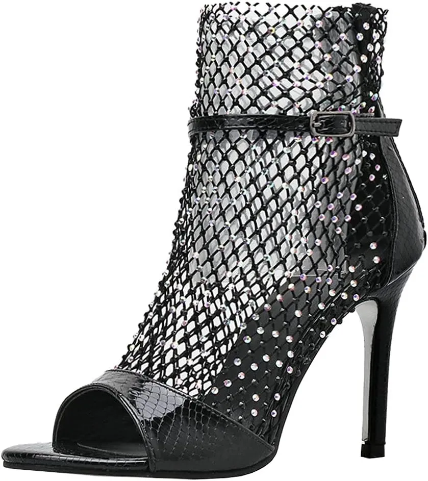Meefit Women Mesh Open Toe Stiletto Booties Rhinestone Sandals Glitter High Heels Summer Boots