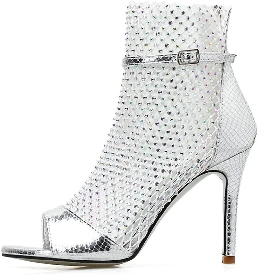 Meefit Women Mesh Open Toe Stiletto Booties Rhinestone Sandals Glitter High Heels Summer Boots