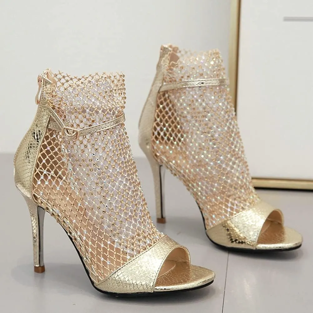 Meefit Women Mesh Open Toe Stiletto Booties Rhinestone Sandals Glitter High Heels Summer Boots