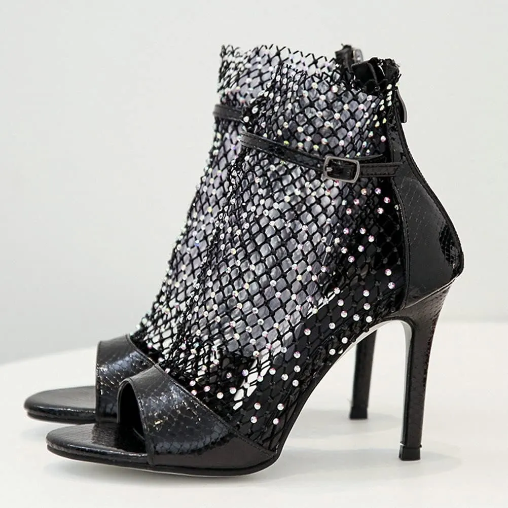 Meefit Women Mesh Open Toe Stiletto Booties Rhinestone Sandals Glitter High Heels Summer Boots