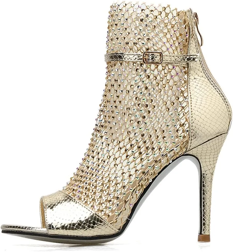 Meefit Women Mesh Open Toe Stiletto Booties Rhinestone Sandals Glitter High Heels Summer Boots