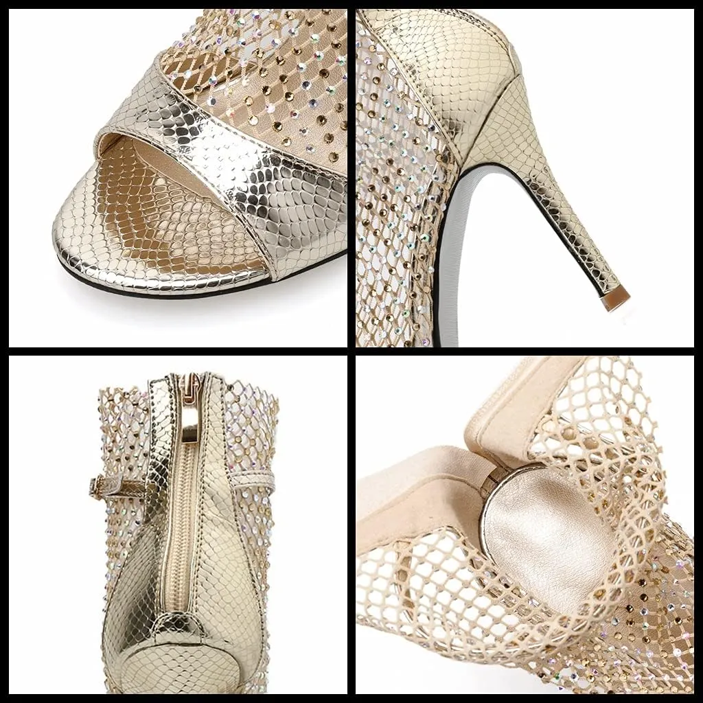 Meefit Women Mesh Open Toe Stiletto Booties Rhinestone Sandals Glitter High Heels Summer Boots