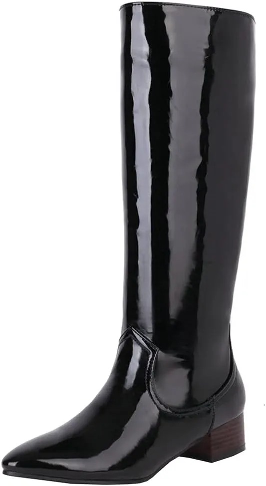 Meefit Women Patent Leather Knee High Low Heel Boots Flat Knee Length Riding Boots