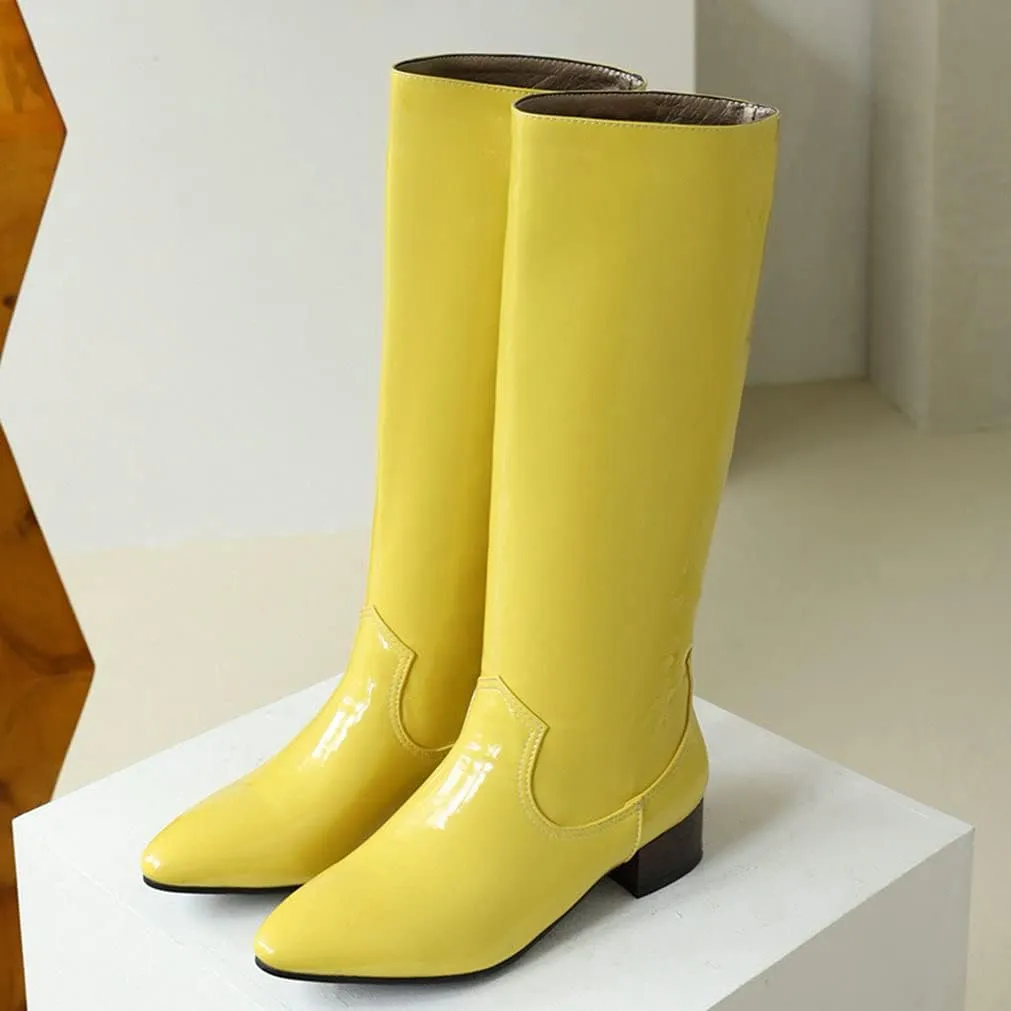 Meefit Women Patent Leather Knee High Low Heel Boots Flat Knee Length Riding Boots