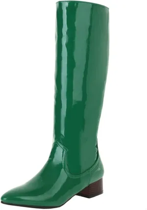 Meefit Women Patent Leather Knee High Low Heel Boots Flat Knee Length Riding Boots