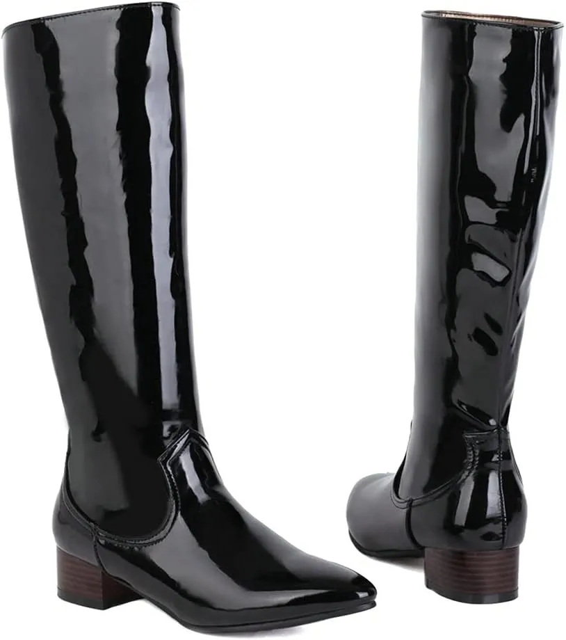 Meefit Women Patent Leather Knee High Low Heel Boots Flat Knee Length Riding Boots