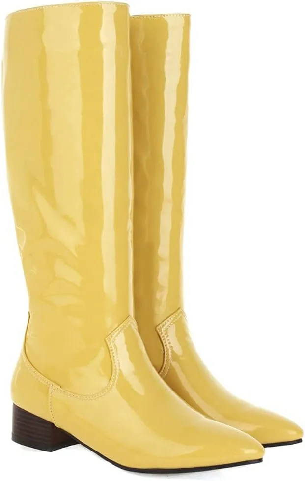 Meefit Women Patent Leather Knee High Low Heel Boots Flat Knee Length Riding Boots