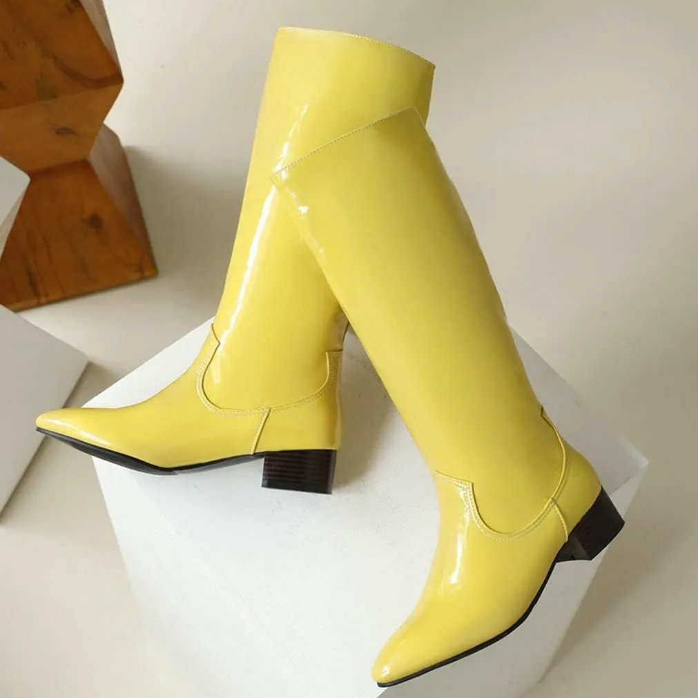 Meefit Women Patent Leather Knee High Low Heel Boots Flat Knee Length Riding Boots