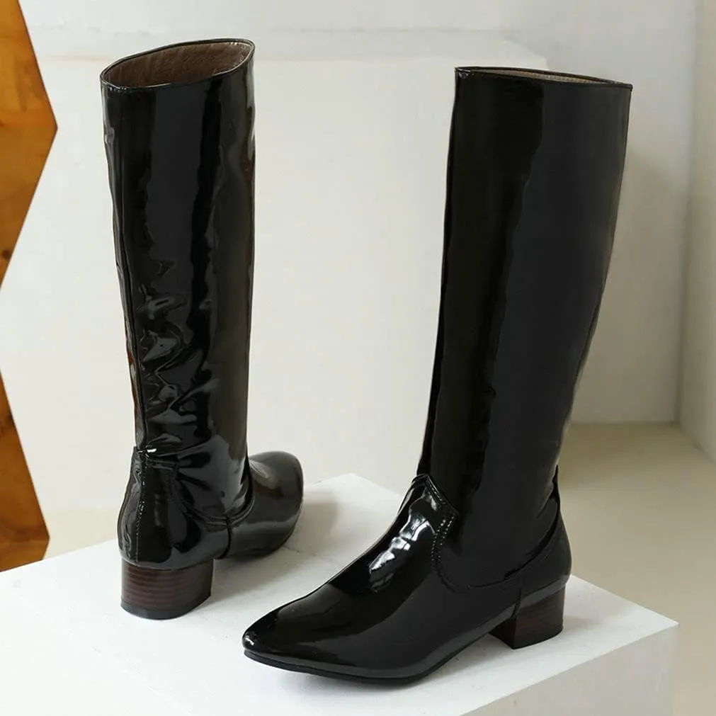 Meefit Women Patent Leather Knee High Low Heel Boots Flat Knee Length Riding Boots