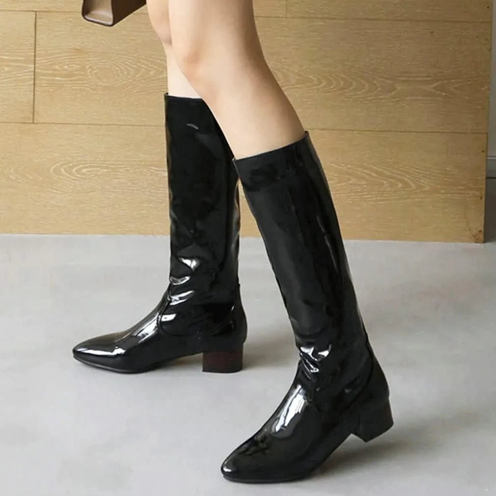 Meefit Women Patent Leather Knee High Low Heel Boots Flat Knee Length Riding Boots