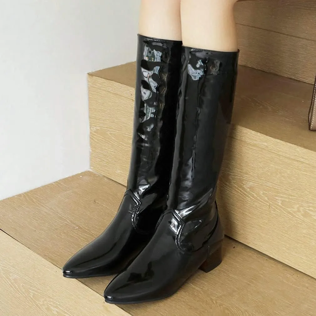 Meefit Women Patent Leather Knee High Low Heel Boots Flat Knee Length Riding Boots