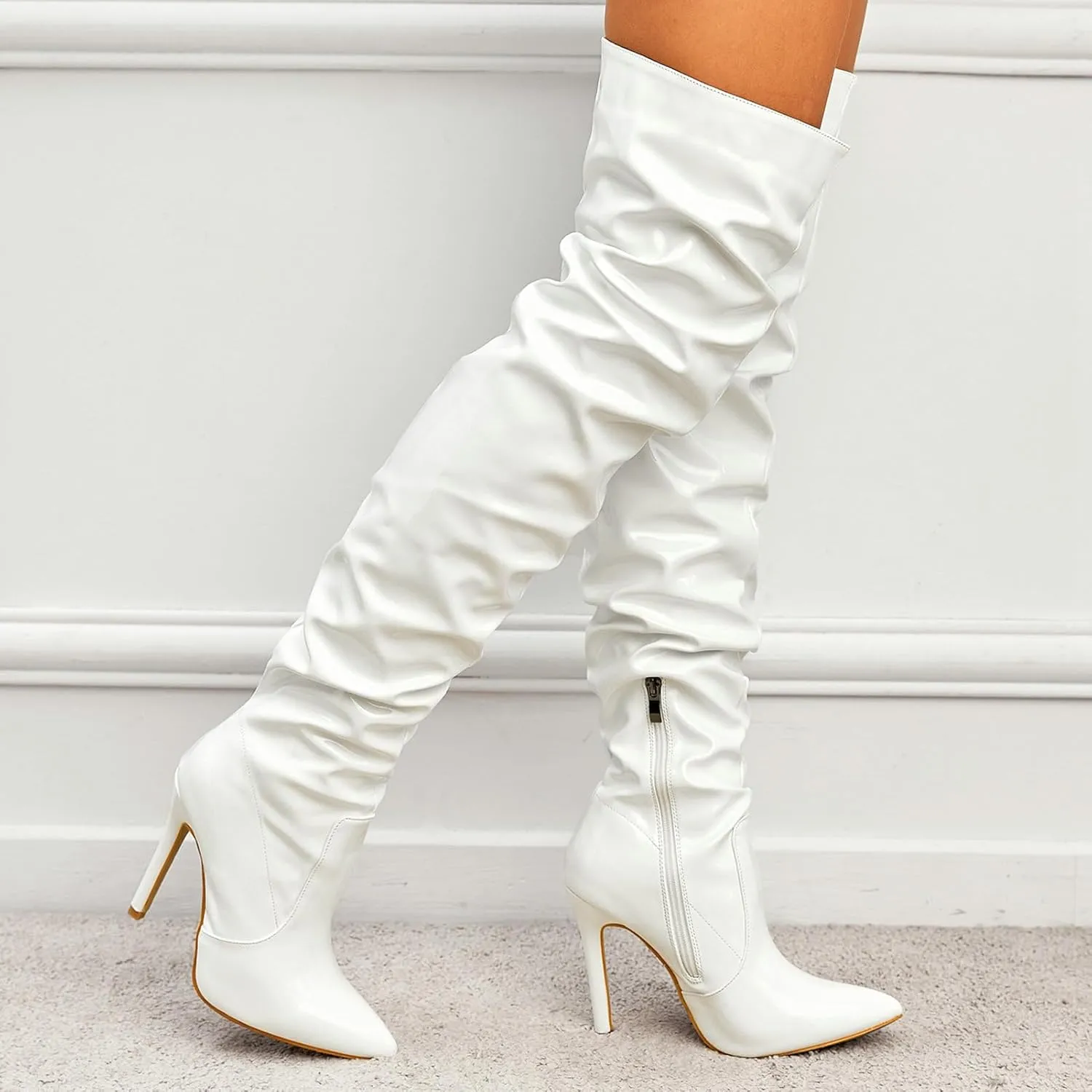 Meefit Women Patent Leather Thigh High Slouch Boots Pointed Toe Over The Knee High Boots Sexy Stiletto Heels Boots