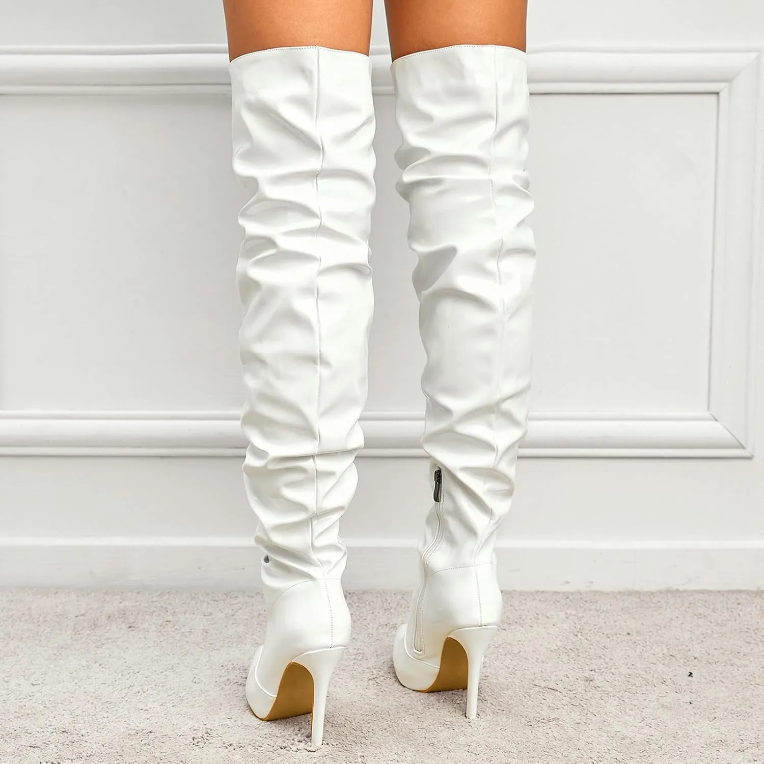 Meefit Women Patent Leather Thigh High Slouch Boots Pointed Toe Over The Knee High Boots Sexy Stiletto Heels Boots
