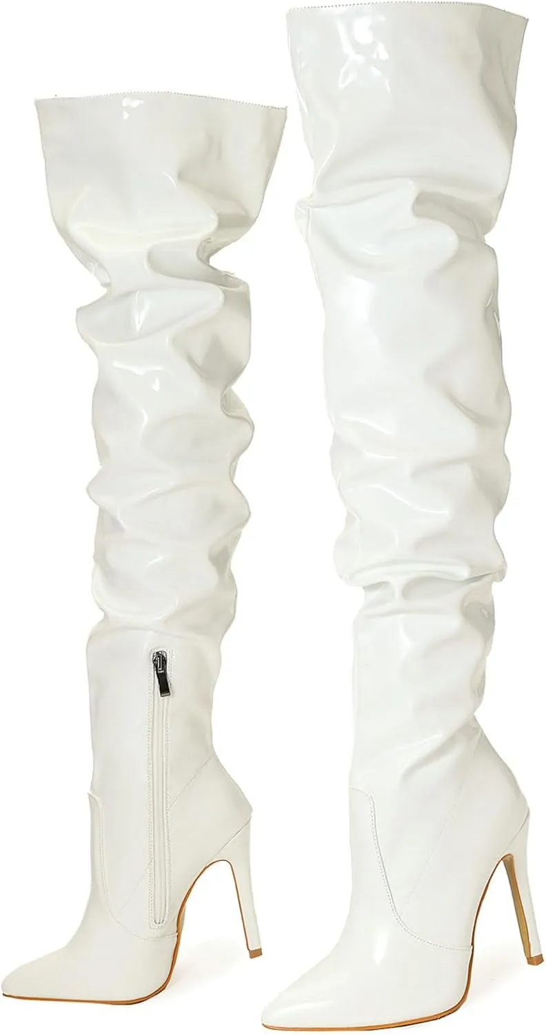 Meefit Women Patent Leather Thigh High Slouch Boots Pointed Toe Over The Knee High Boots Sexy Stiletto Heels Boots