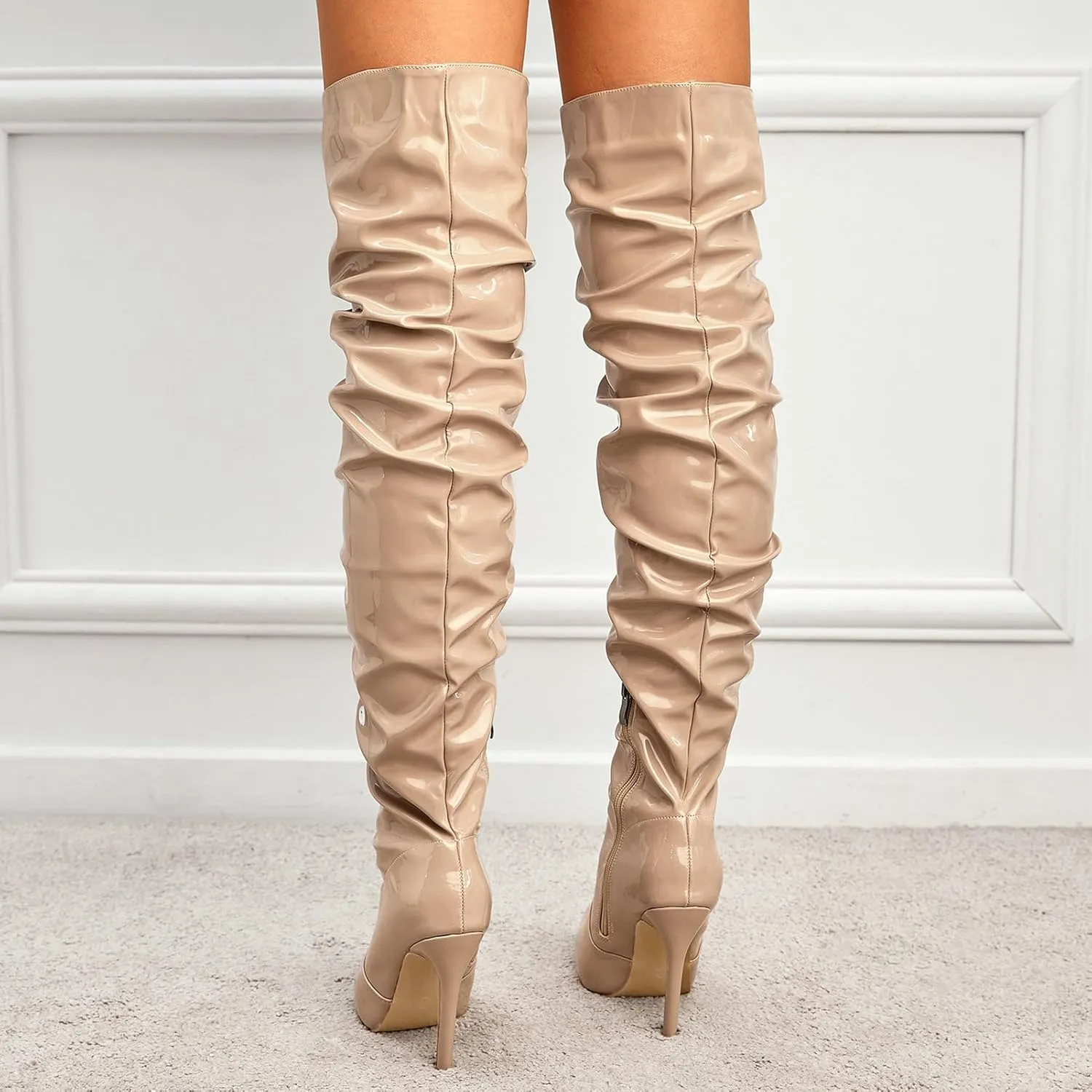 Meefit Women Patent Leather Thigh High Slouch Boots Pointed Toe Over The Knee High Boots Sexy Stiletto Heels Boots