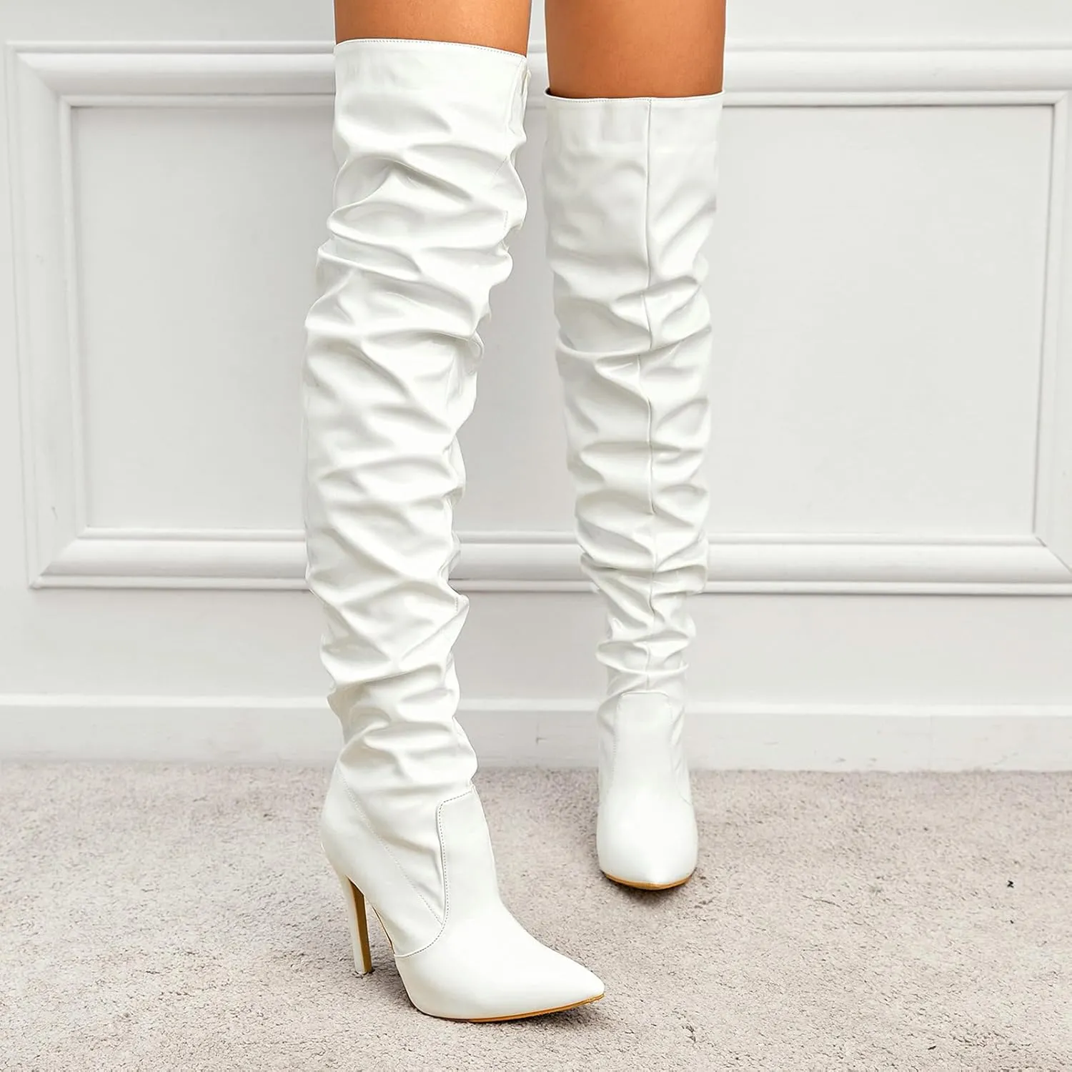 Meefit Women Patent Leather Thigh High Slouch Boots Pointed Toe Over The Knee High Boots Sexy Stiletto Heels Boots