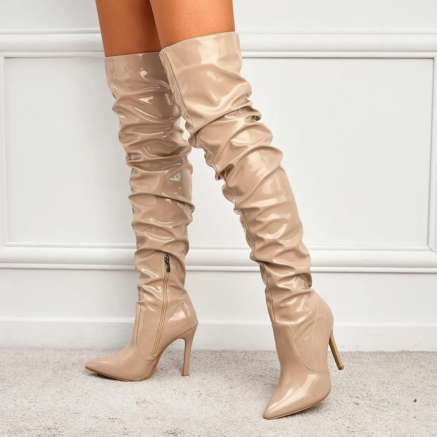 Meefit Women Patent Leather Thigh High Slouch Boots Pointed Toe Over The Knee High Boots Sexy Stiletto Heels Boots