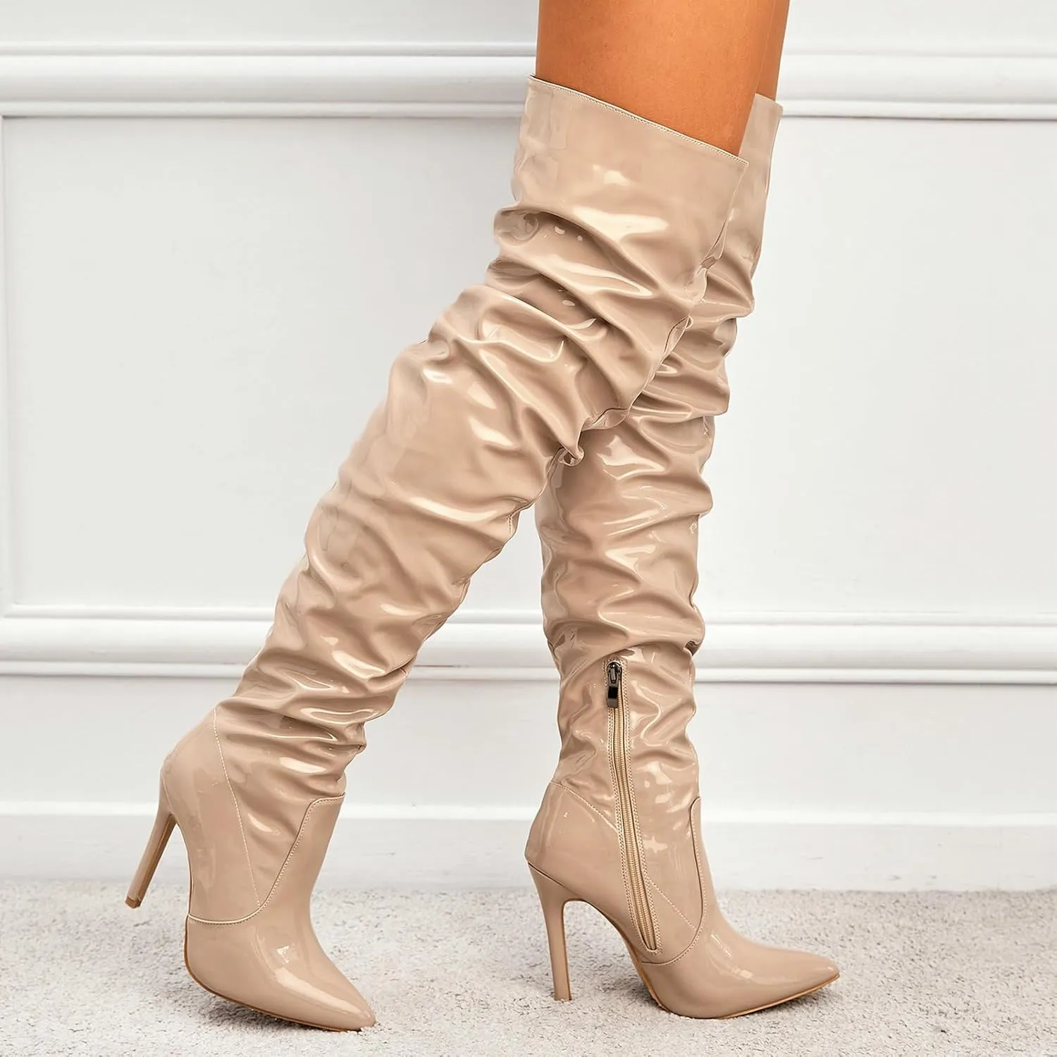 Meefit Women Patent Leather Thigh High Slouch Boots Pointed Toe Over The Knee High Boots Sexy Stiletto Heels Boots