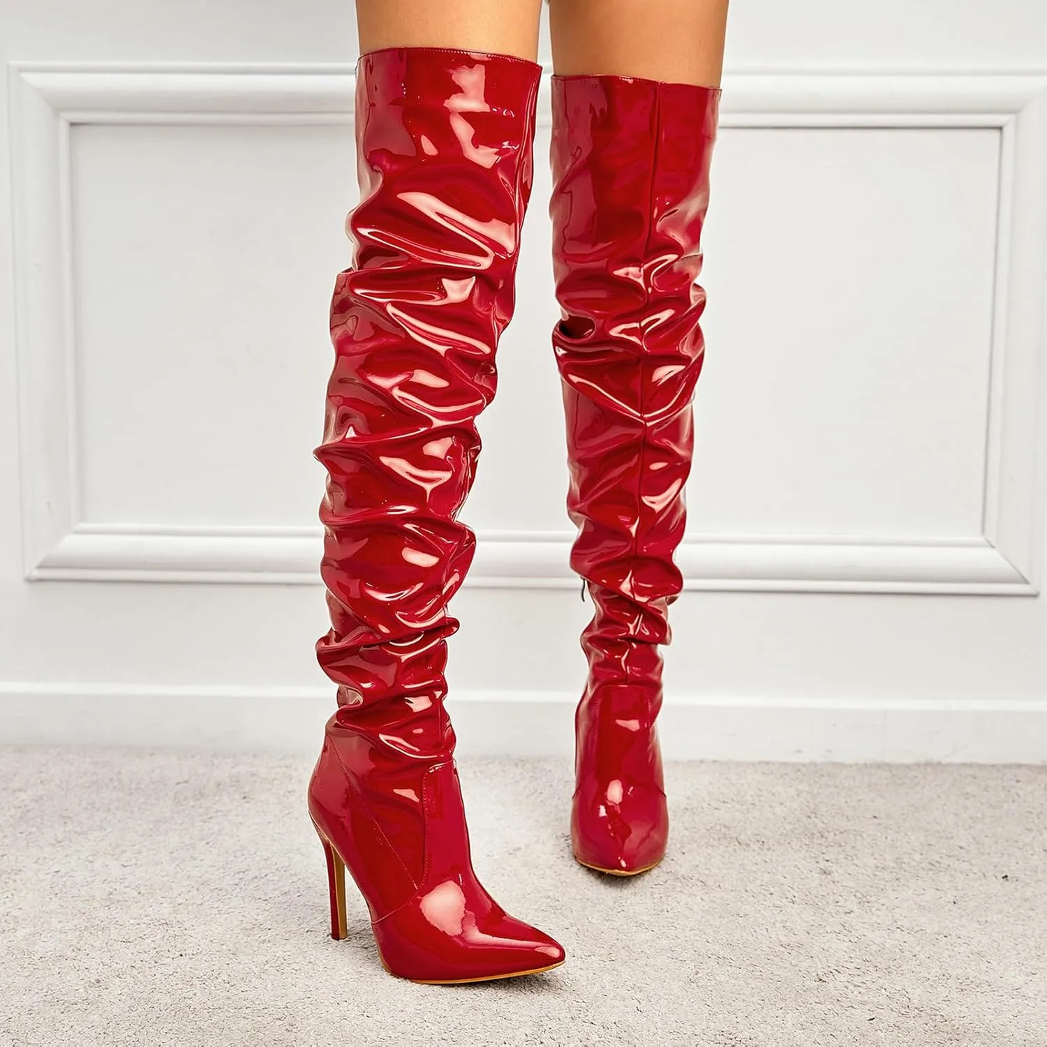 Meefit Women Patent Leather Thigh High Slouch Boots Pointed Toe Over The Knee High Boots Sexy Stiletto Heels Boots