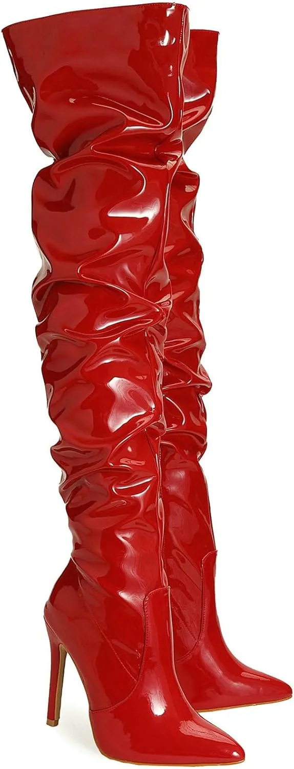 Meefit Women Patent Leather Thigh High Slouch Boots Pointed Toe Over The Knee High Boots Sexy Stiletto Heels Boots