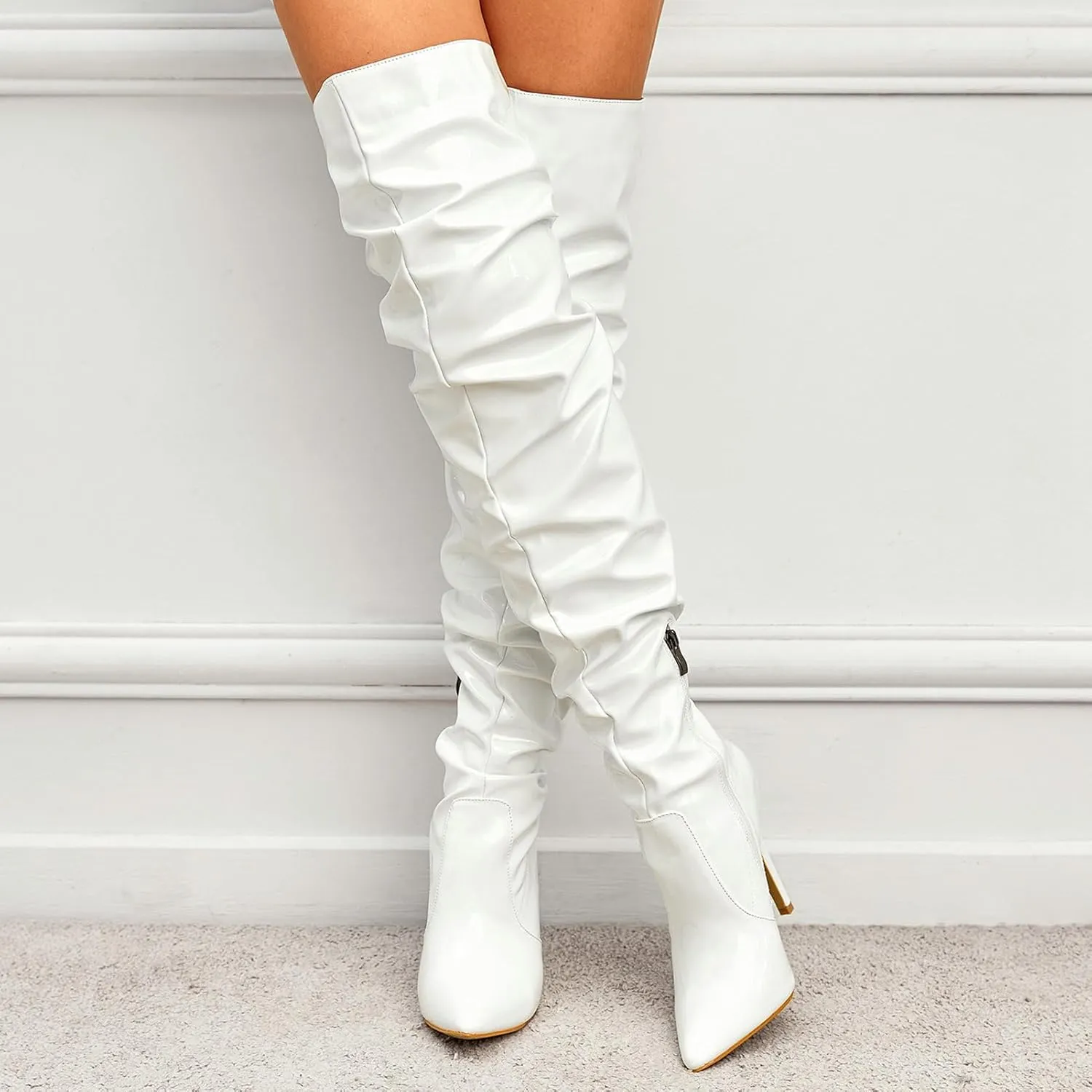 Meefit Women Patent Leather Thigh High Slouch Boots Pointed Toe Over The Knee High Boots Sexy Stiletto Heels Boots
