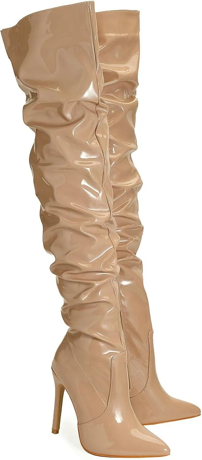 Meefit Women Patent Leather Thigh High Slouch Boots Pointed Toe Over The Knee High Boots Sexy Stiletto Heels Boots