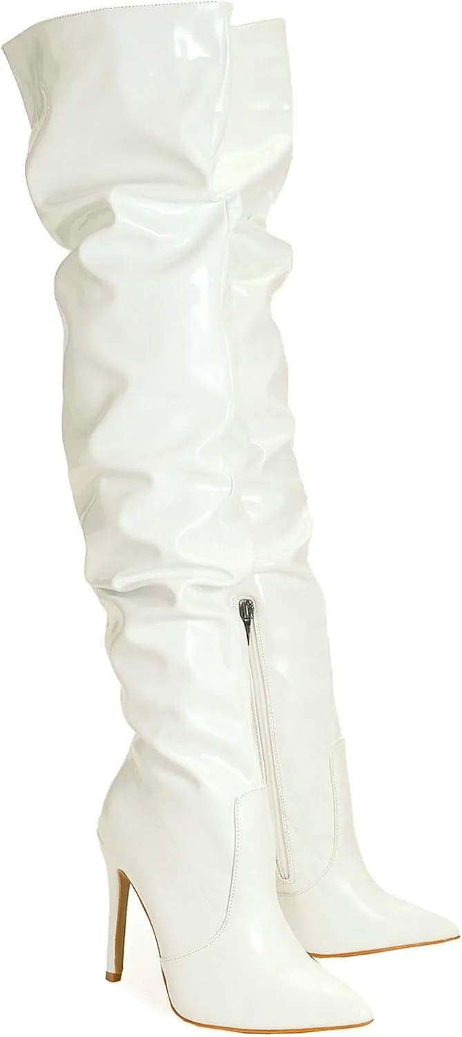 Meefit Women Patent Leather Thigh High Slouch Boots Pointed Toe Over The Knee High Boots Sexy Stiletto Heels Boots