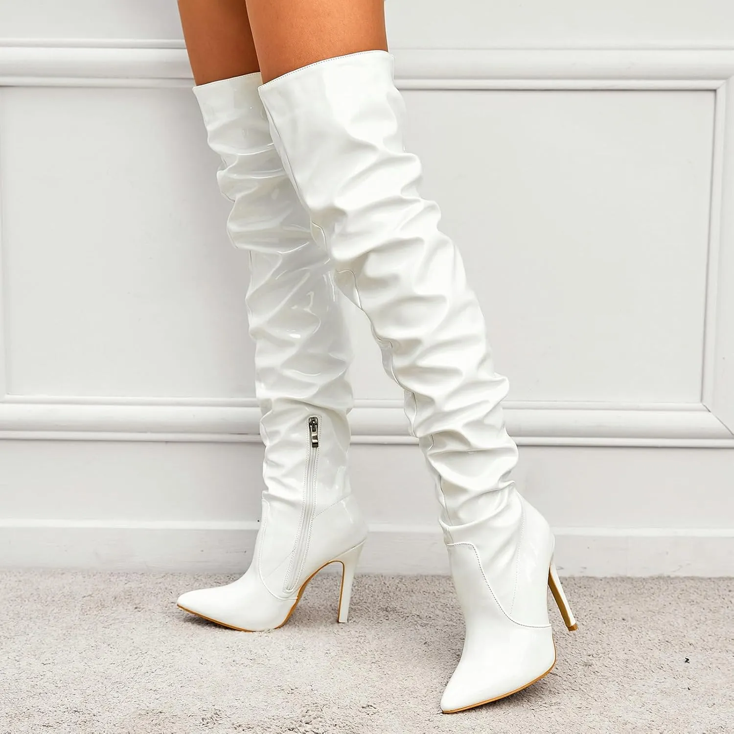 Meefit Women Patent Leather Thigh High Slouch Boots Pointed Toe Over The Knee High Boots Sexy Stiletto Heels Boots