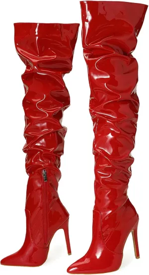 Meefit Women Patent Leather Thigh High Slouch Boots Pointed Toe Over The Knee High Boots Sexy Stiletto Heels Boots