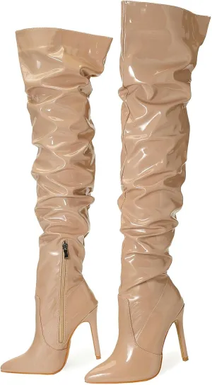 Meefit Women Patent Leather Thigh High Slouch Boots Pointed Toe Over The Knee High Boots Sexy Stiletto Heels Boots