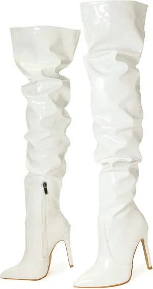 Meefit Women Patent Leather Thigh High Slouch Boots Pointed Toe Over The Knee High Boots Sexy Stiletto Heels Boots