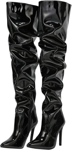 Meefit Women Patent Leather Thigh High Slouch Boots Pointed Toe Over The Knee High Boots Sexy Stiletto Heels Boots