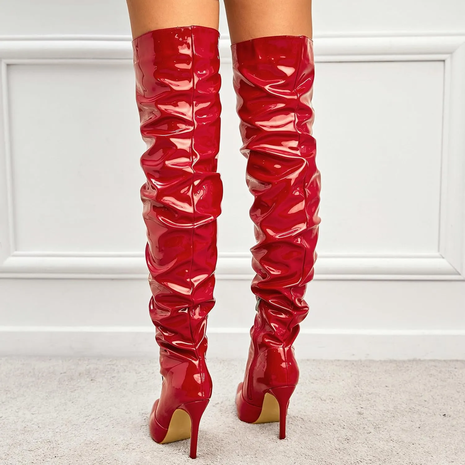 Meefit Women Patent Leather Thigh High Slouch Boots Pointed Toe Over The Knee High Boots Sexy Stiletto Heels Boots
