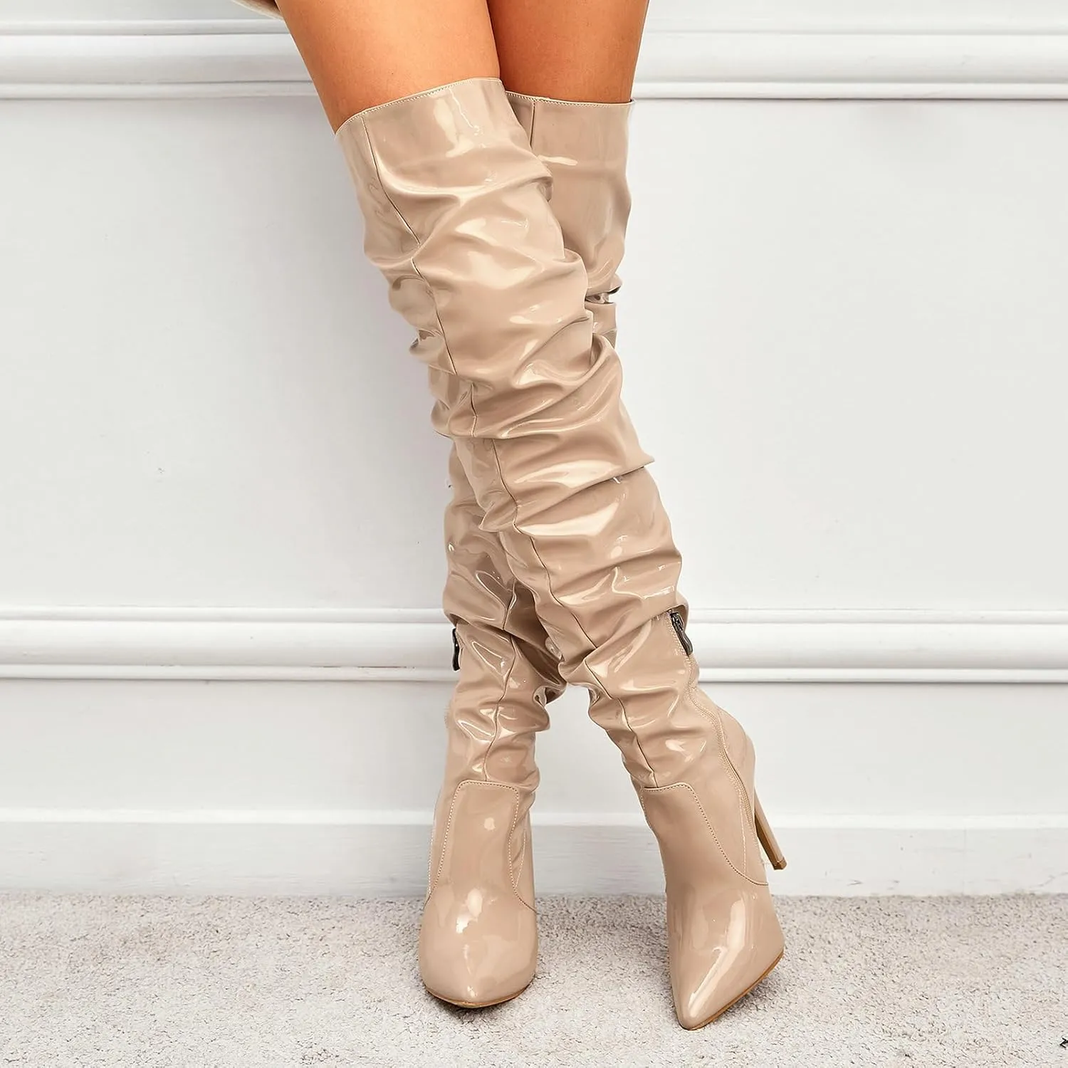 Meefit Women Patent Leather Thigh High Slouch Boots Pointed Toe Over The Knee High Boots Sexy Stiletto Heels Boots
