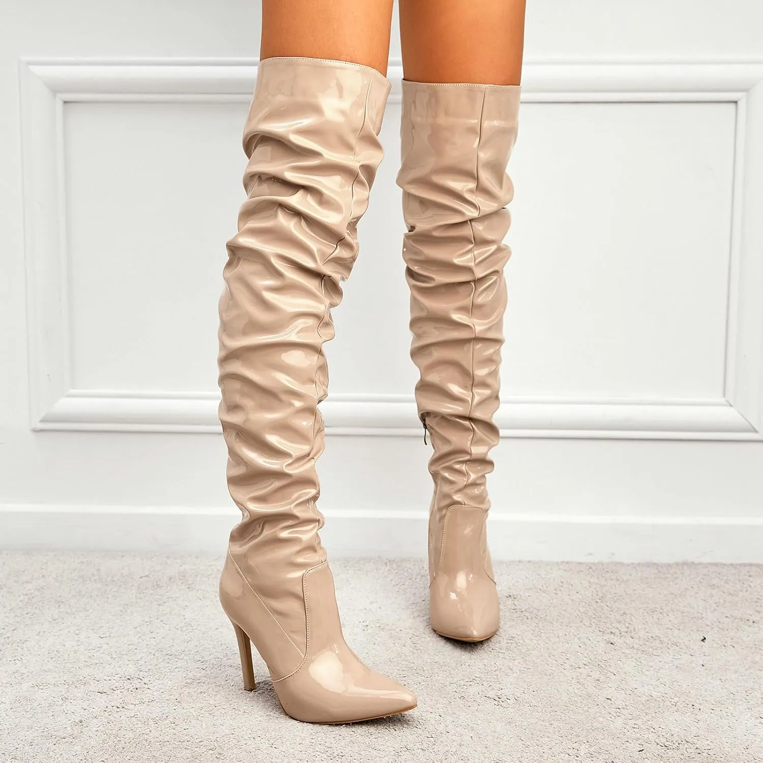 Meefit Women Patent Leather Thigh High Slouch Boots Pointed Toe Over The Knee High Boots Sexy Stiletto Heels Boots