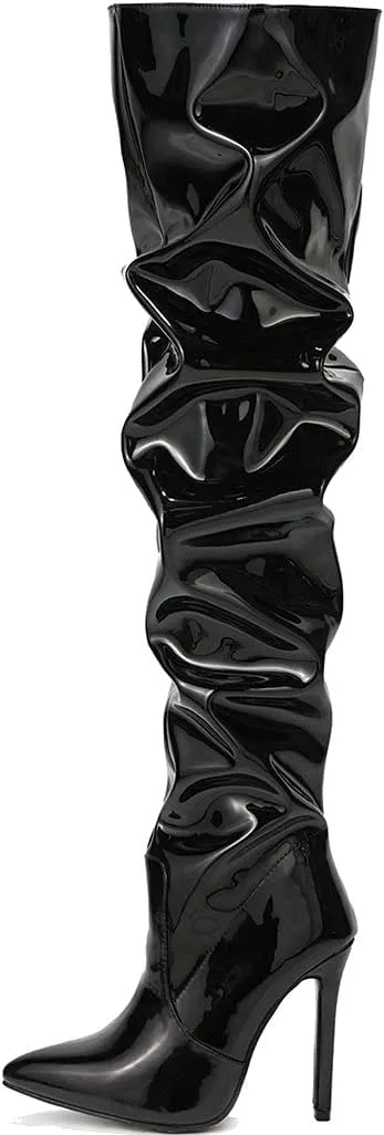 Meefit Women Patent Leather Thigh High Slouch Boots Pointed Toe Over The Knee High Boots Sexy Stiletto Heels Boots