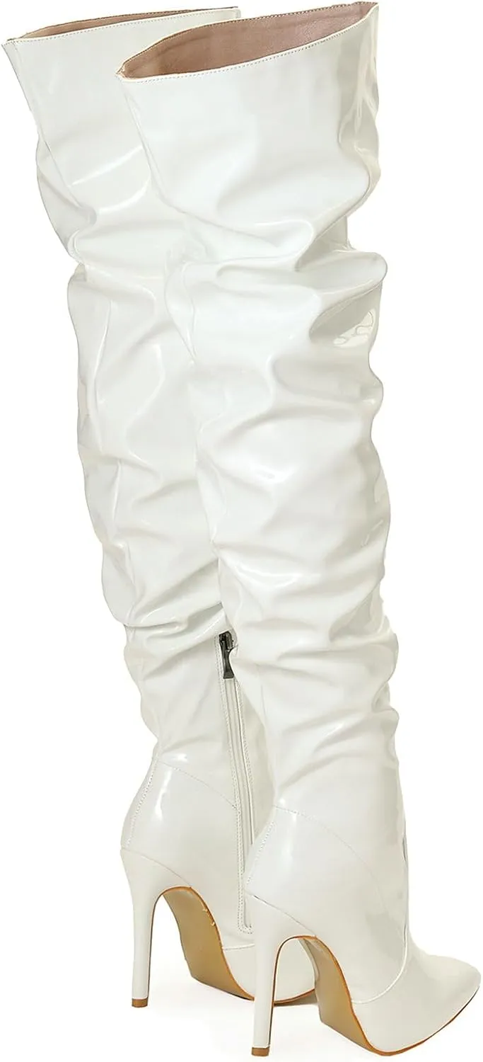 Meefit Women Patent Leather Thigh High Slouch Boots Pointed Toe Over The Knee High Boots Sexy Stiletto Heels Boots