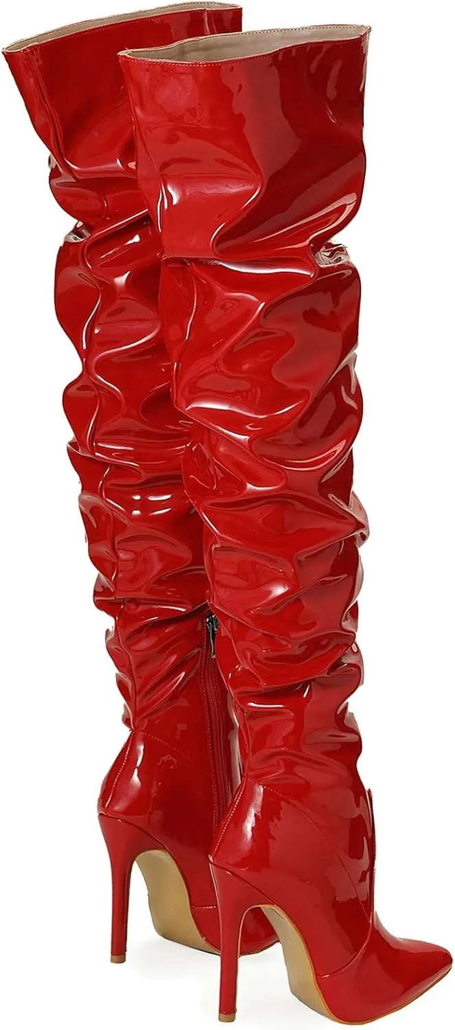 Meefit Women Patent Leather Thigh High Slouch Boots Pointed Toe Over The Knee High Boots Sexy Stiletto Heels Boots