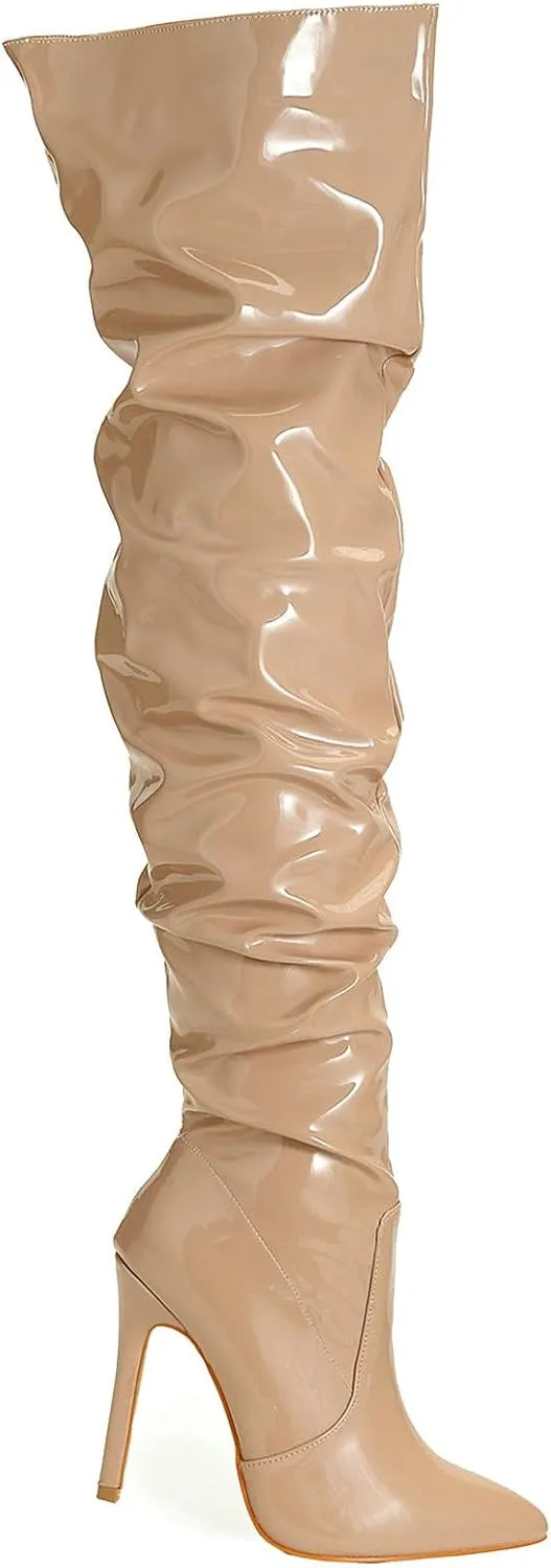 Meefit Women Patent Leather Thigh High Slouch Boots Pointed Toe Over The Knee High Boots Sexy Stiletto Heels Boots