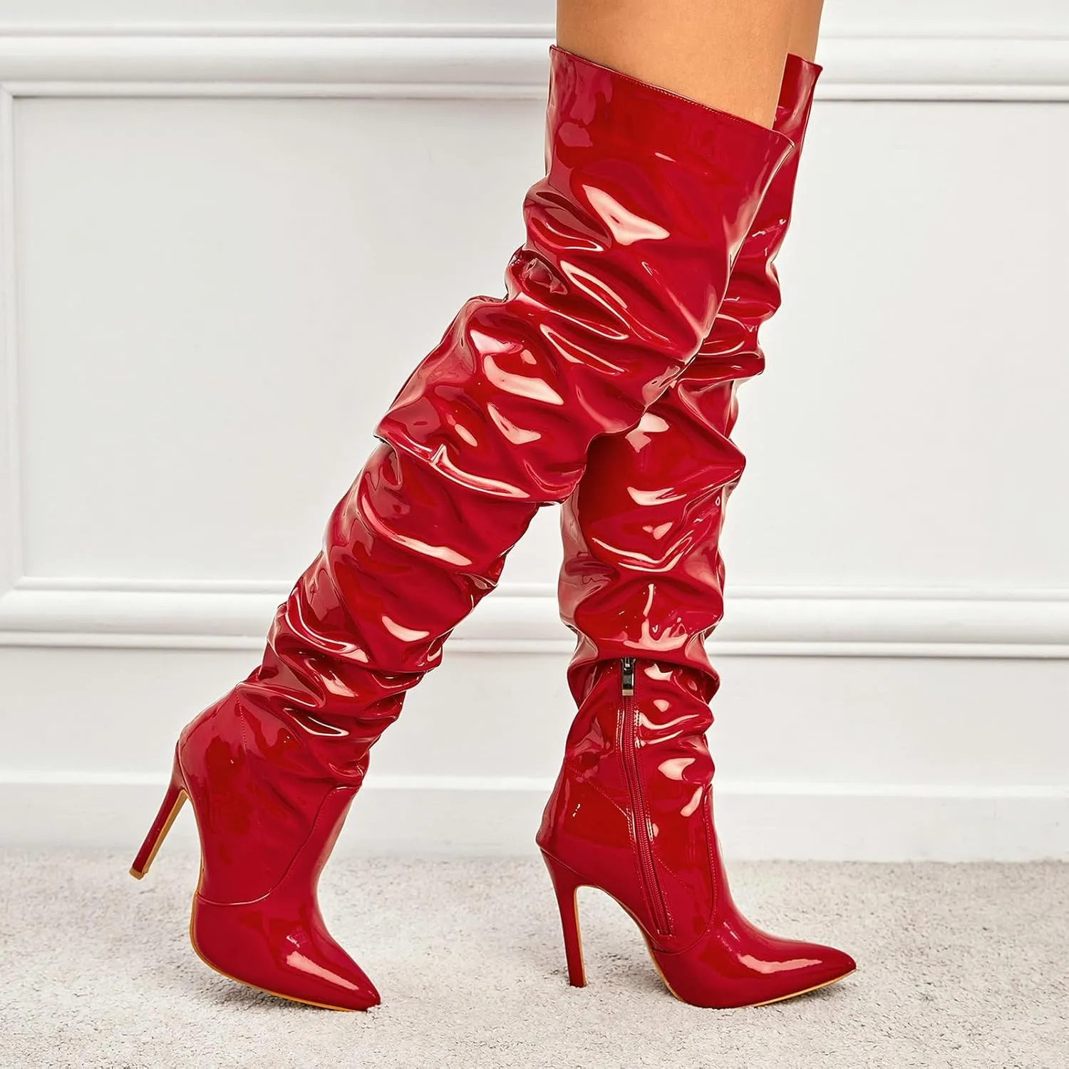 Meefit Women Patent Leather Thigh High Slouch Boots Pointed Toe Over The Knee High Boots Sexy Stiletto Heels Boots