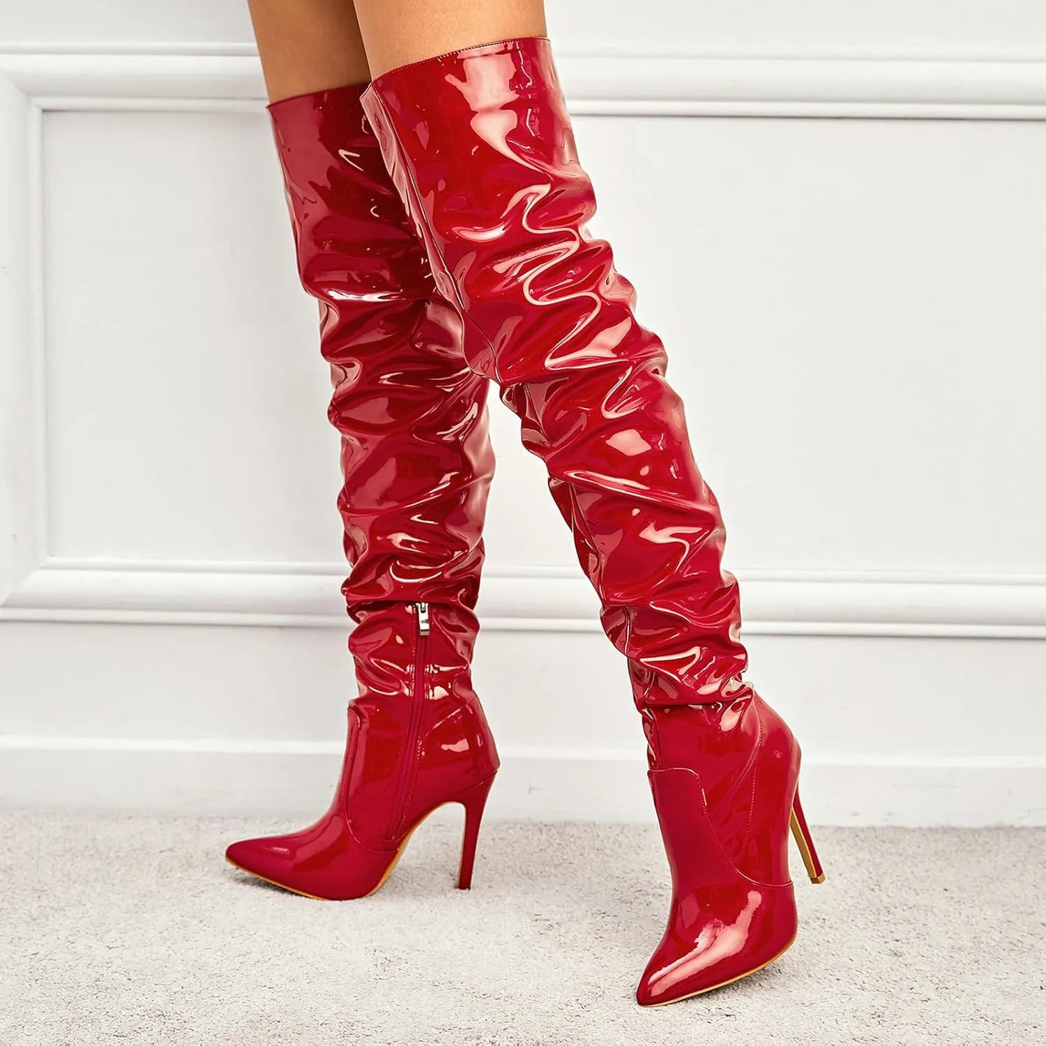 Meefit Women Patent Leather Thigh High Slouch Boots Pointed Toe Over The Knee High Boots Sexy Stiletto Heels Boots
